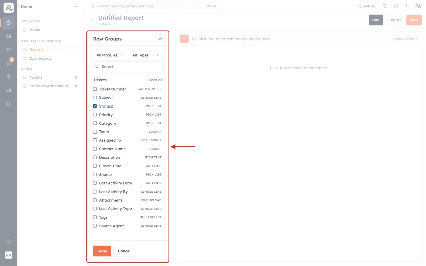The Row Groups picker with Status ticked