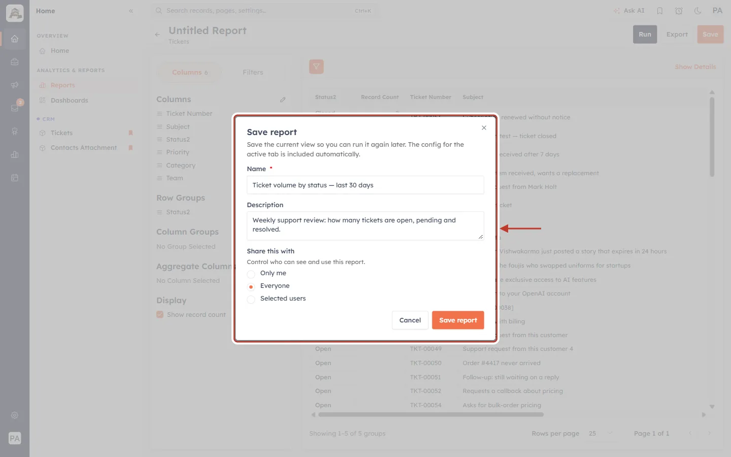 The Save report dialog