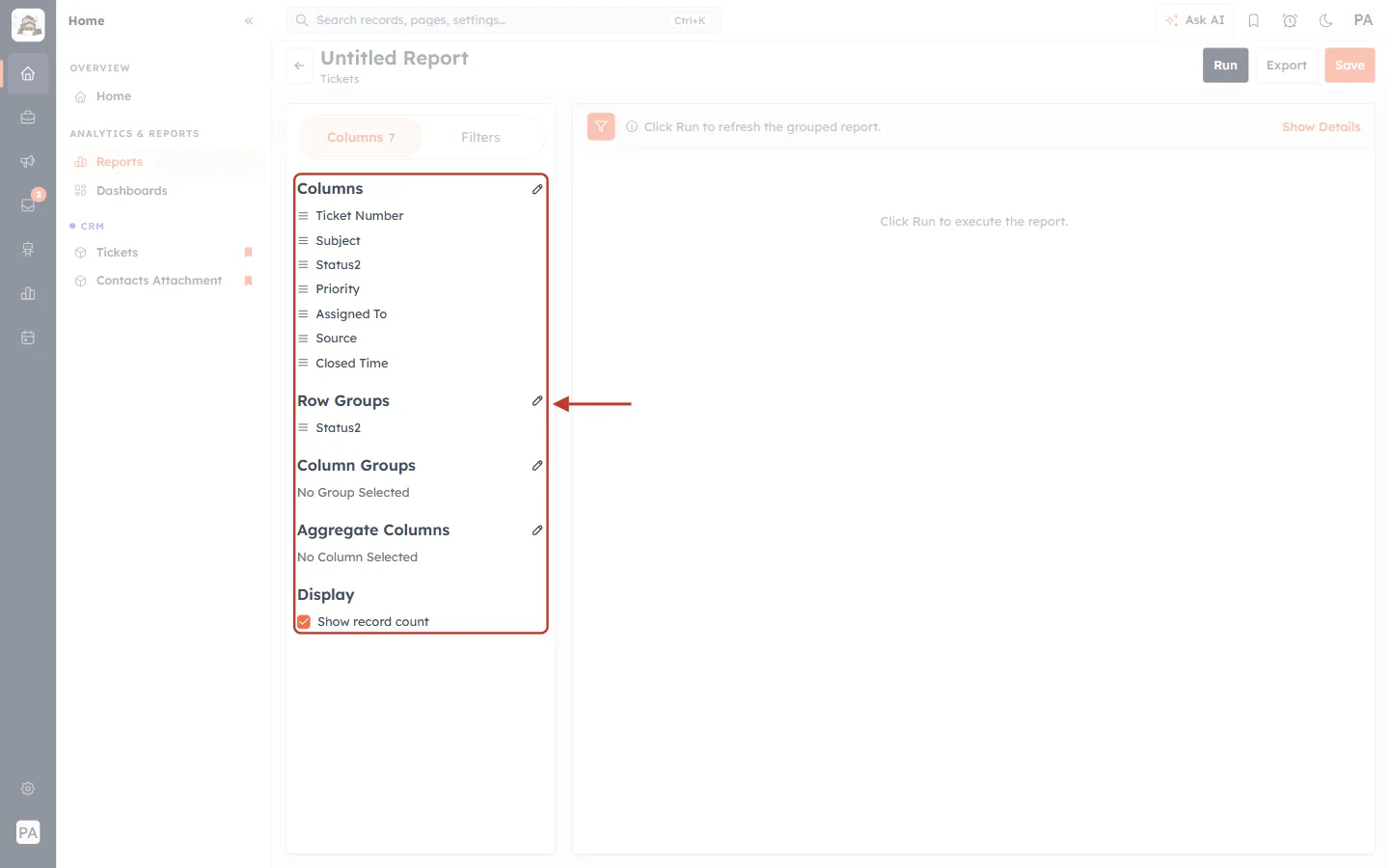 Settings with a row group and record count