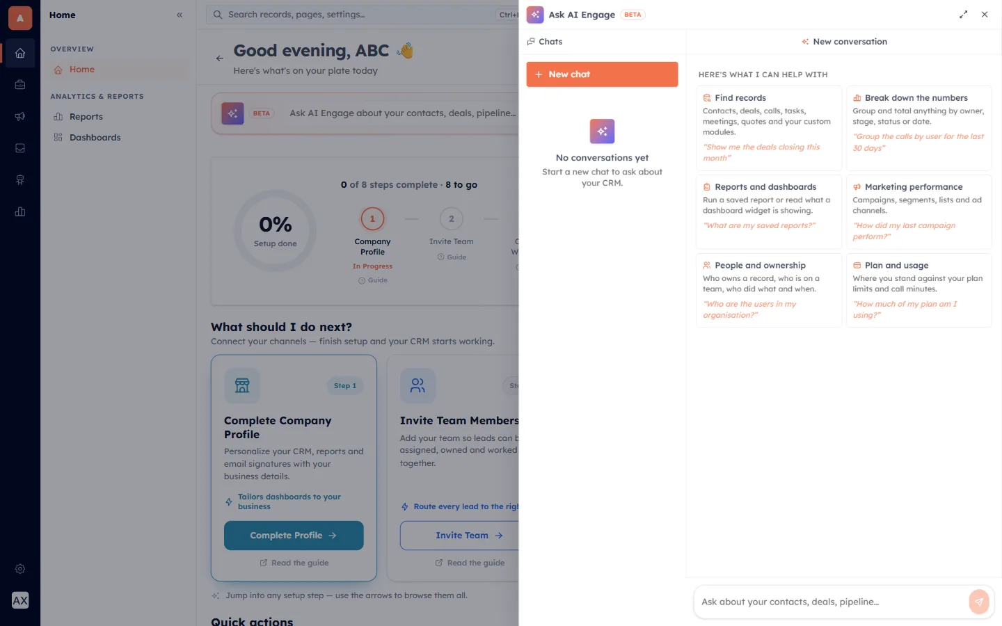 The Ask AI Engage panel showing what it can help with