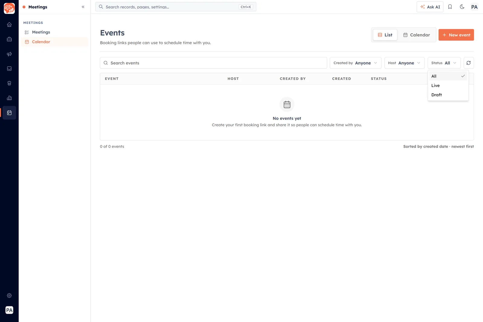The Status filter open, offering All, Live and Draft