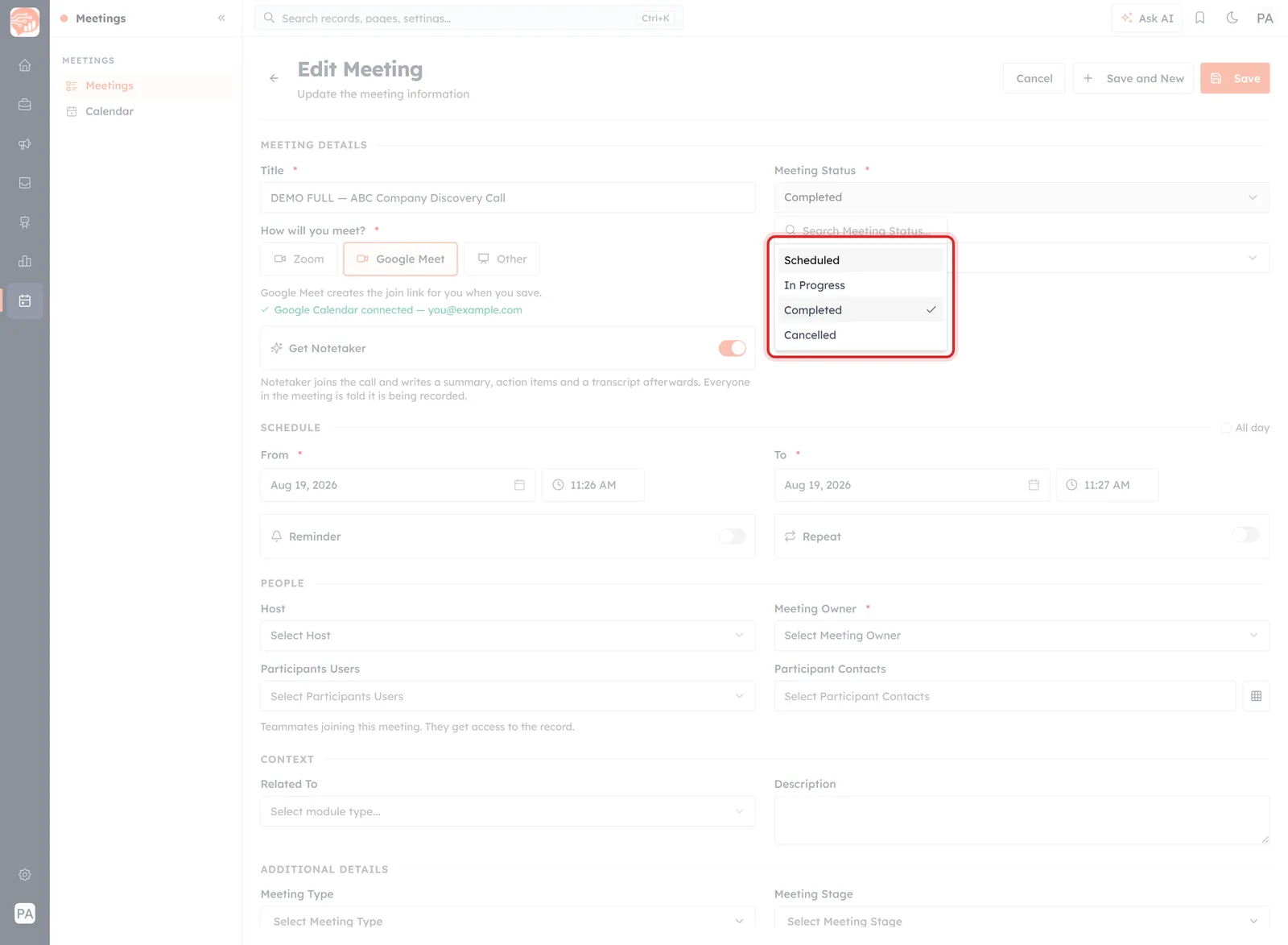 The meeting form with the Meeting Status dropdown open and highlighted