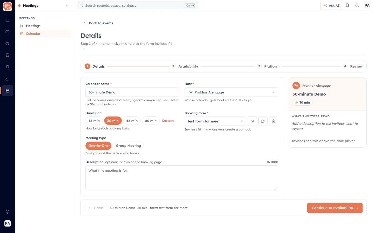 Step 1, Details — calendar name, host, duration, booking form, meeting type and description