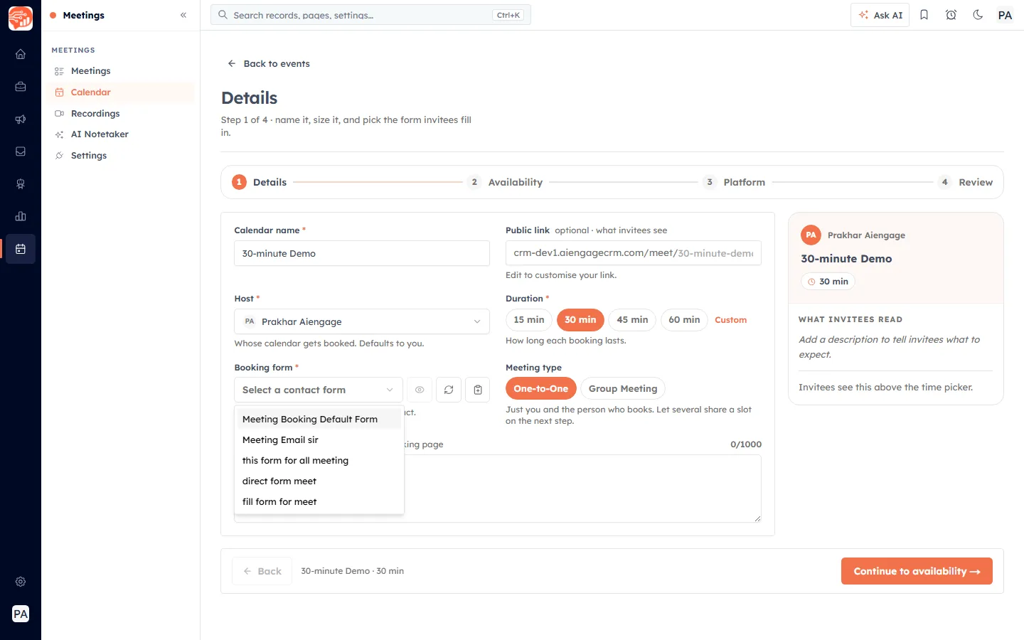 The Booking form dropdown open on step 1, listing the contact forms built in this account.