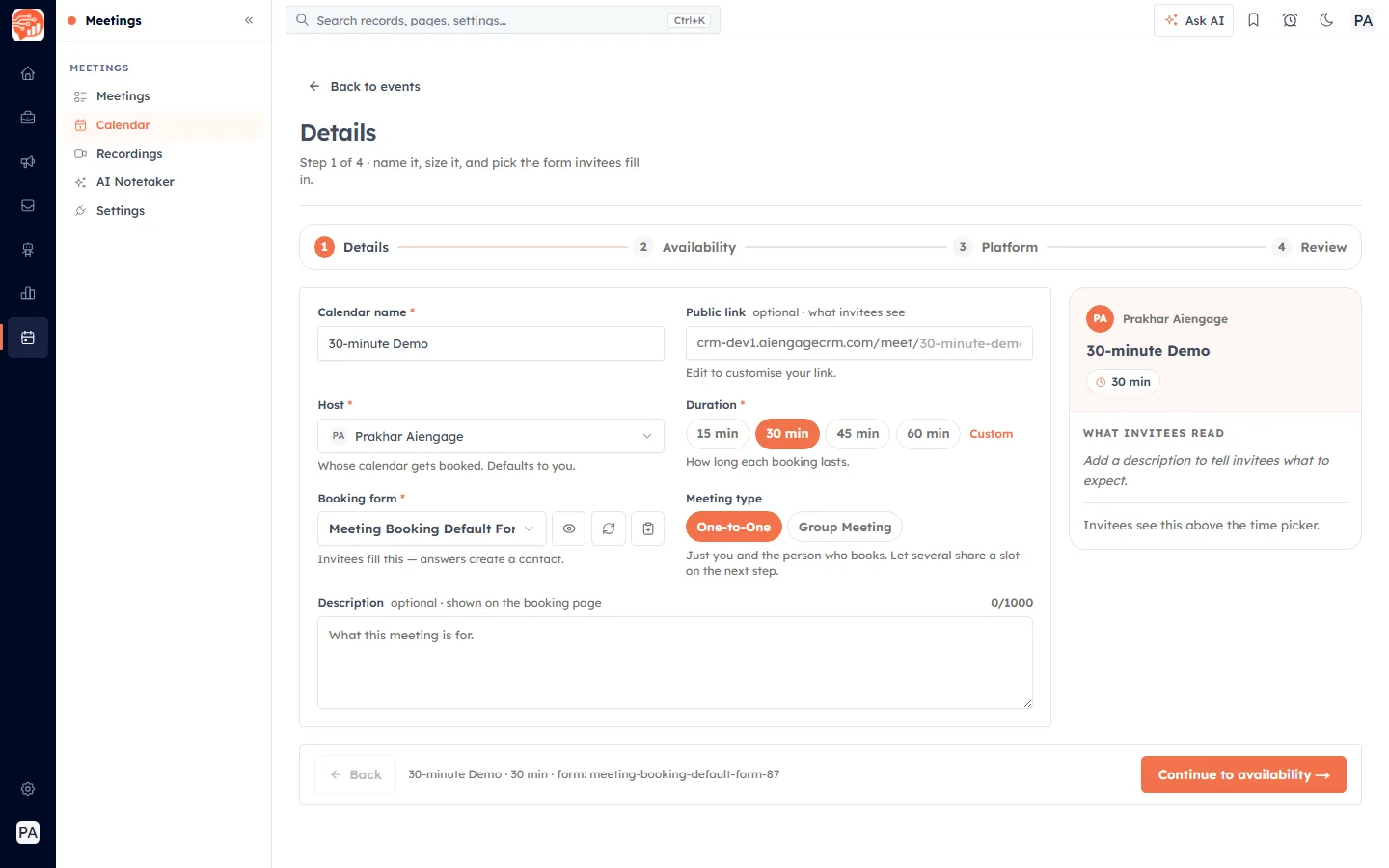 Step 1, Details — calendar name, public link, host, duration, booking form, meeting type and description, with the live invitee preview on the right.