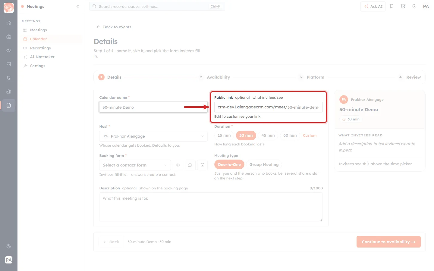 Step 1 with a red box and arrow around the new Public link field, showing the address /meet/30-minute-demo and the helper line "Edit to customise your link."