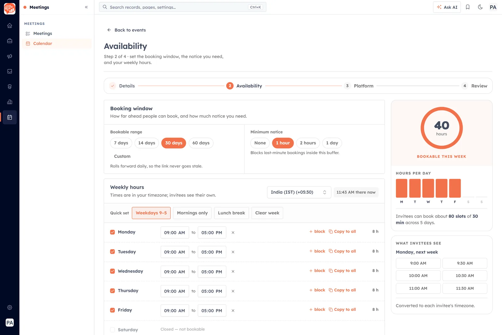 Step 2 of the Calendar wizard, showing the Booking window and Weekly hours cards and the summary rail