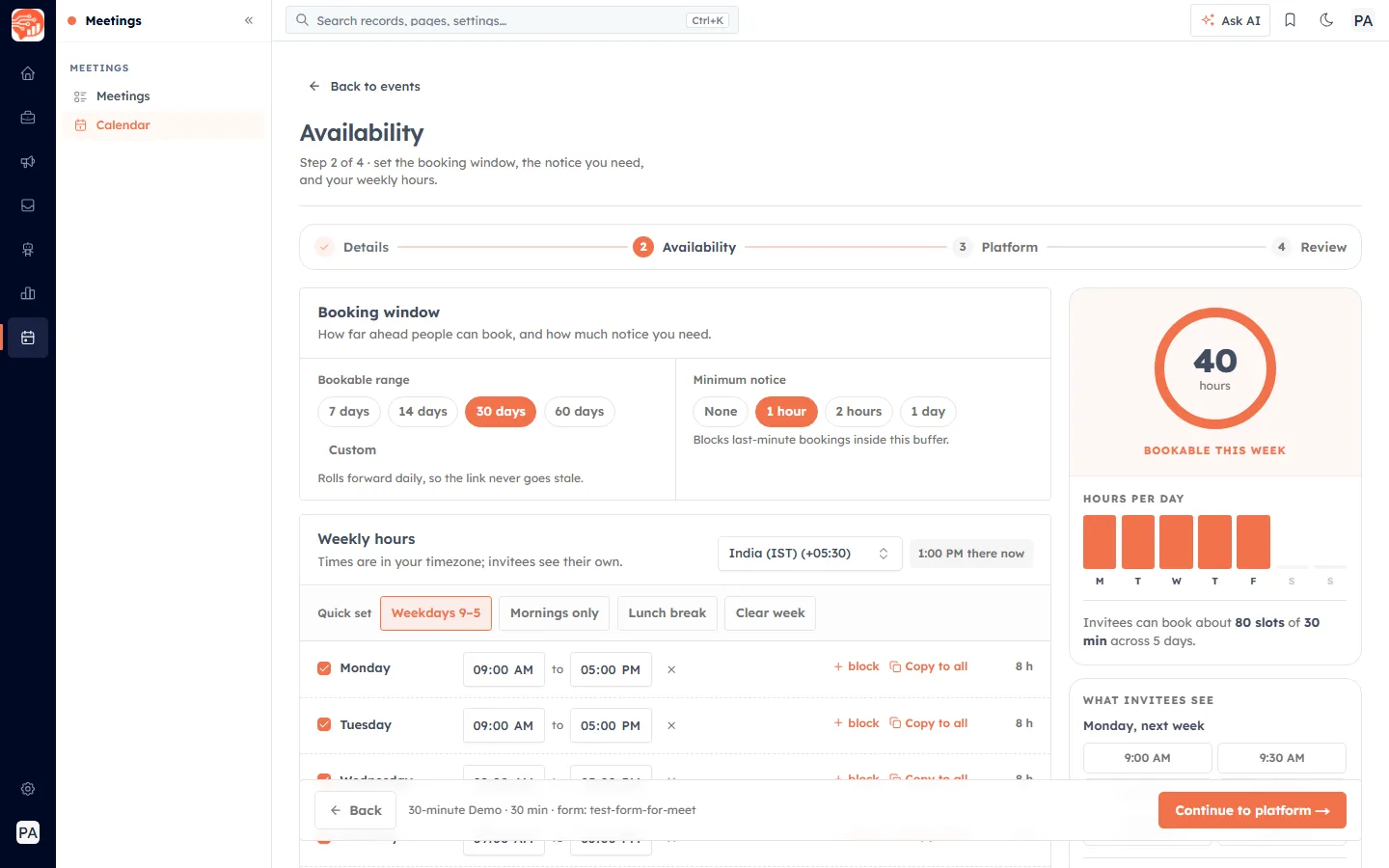 Step 2, Availability — booking window, minimum notice and the weekly hours grid