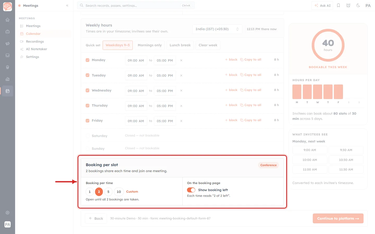 The same Booking per slot card set to 2 — a Conference badge has appeared and a "Show booking left" switch is on.
