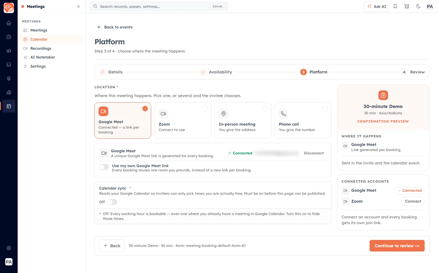 The Platform step with Google Meet selected: a connected account, a Disconnect link and a "Use my own Google Meet link" switch.