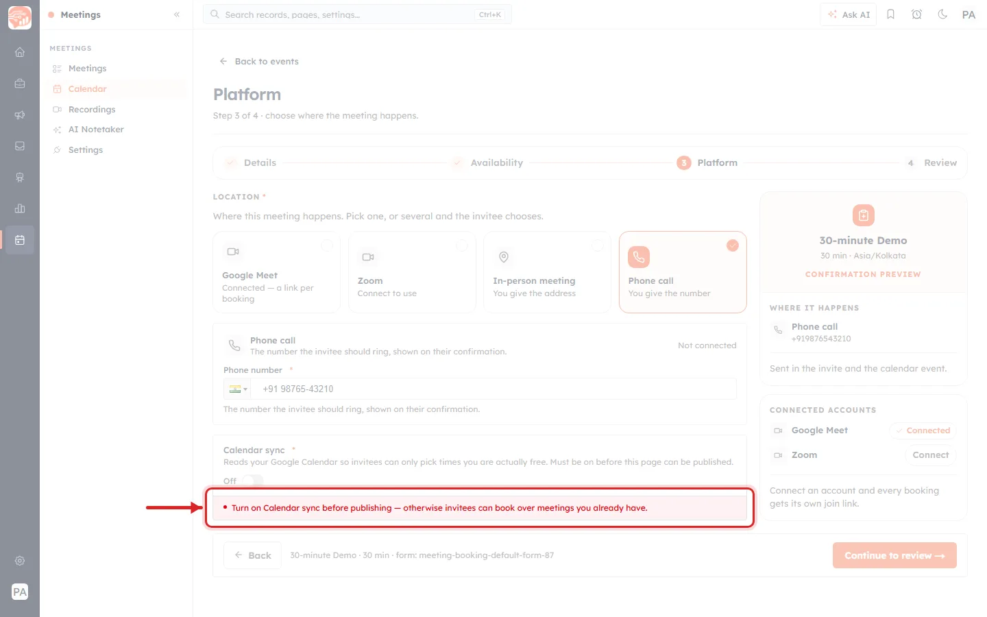 The red error the wizard prints when Continue to review is clicked with Calendar sync still off, boxed and arrowed.