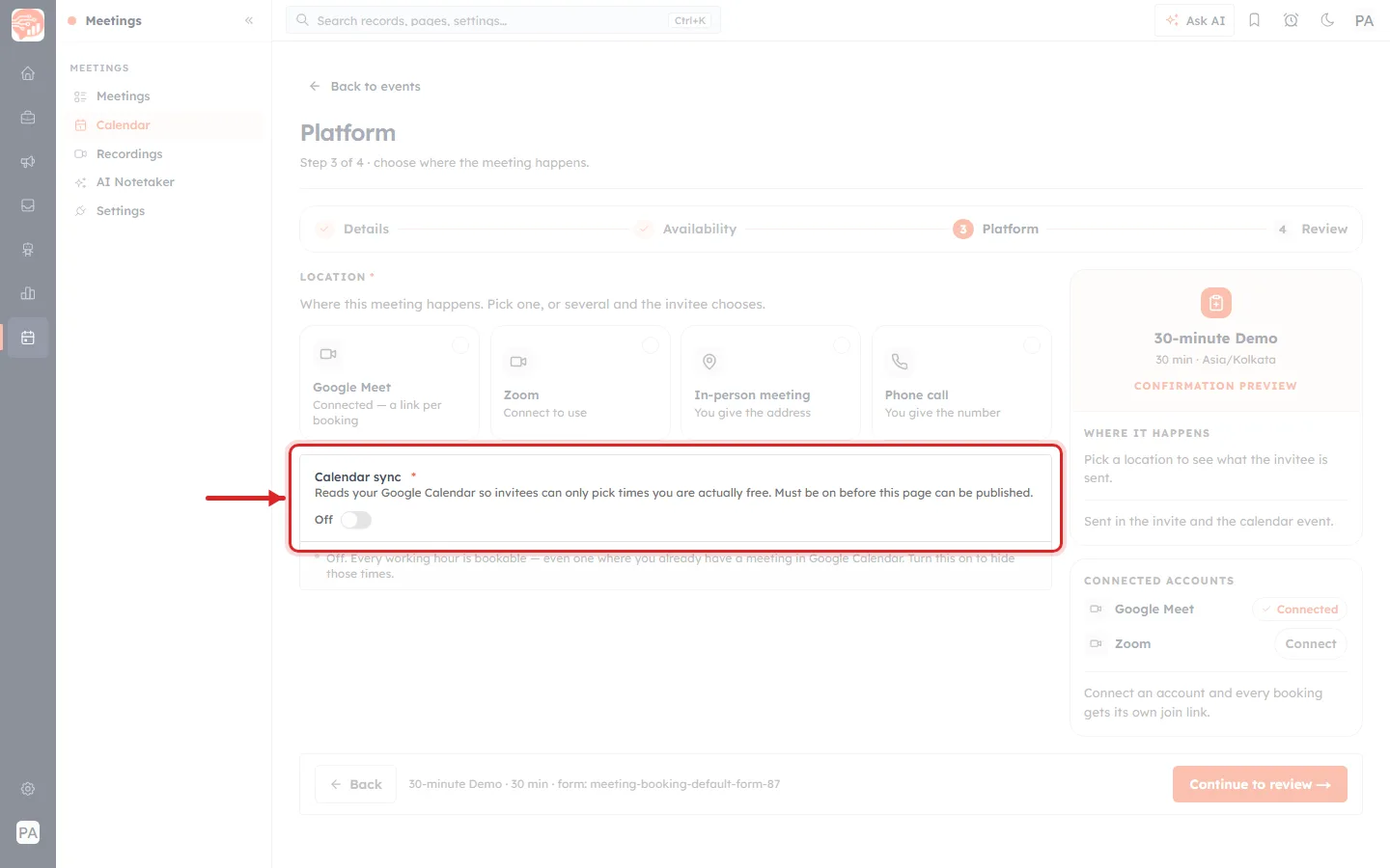 A red box and arrow around the new Calendar sync block on step 3, switched Off.