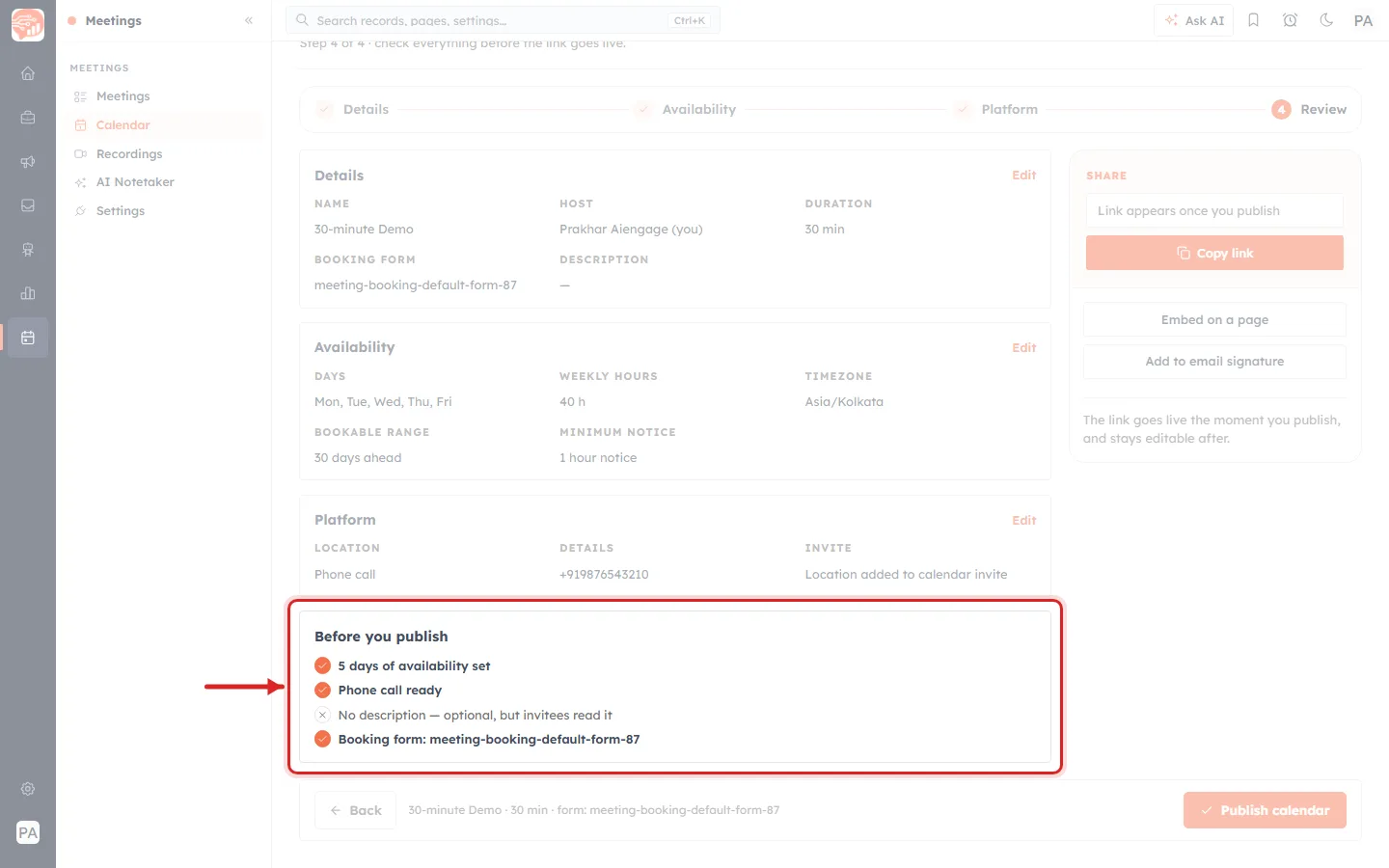 A red box and arrow around the "Before you publish" checklist on the Review step.