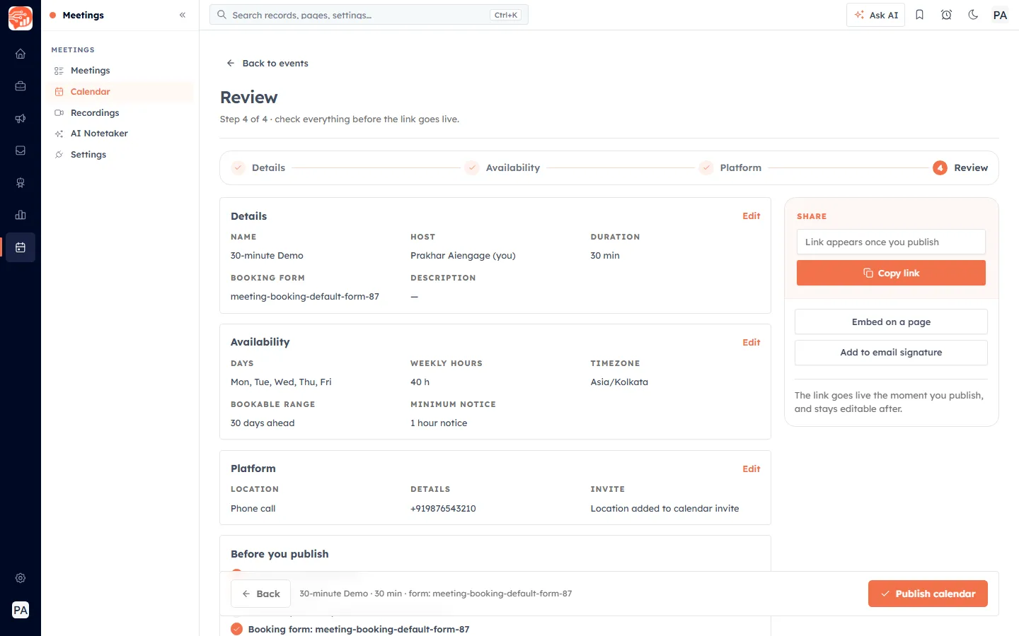 Step 4, Review — Details, Availability and Platform summary cards beside the SHARE panel.
