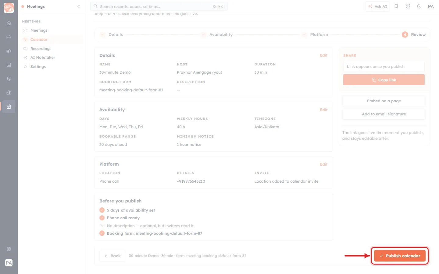 The Review step with a red box and arrow pointing at the orange Publish calendar button in the bottom right.