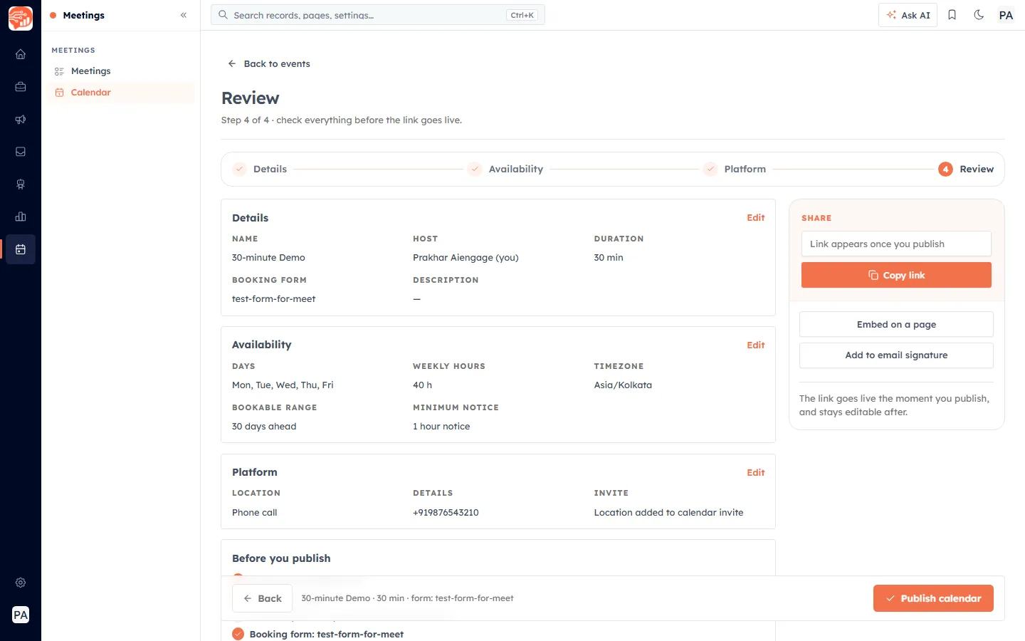 Step 4, Review — summary cards for Details, Availability and Platform beside the Share panel