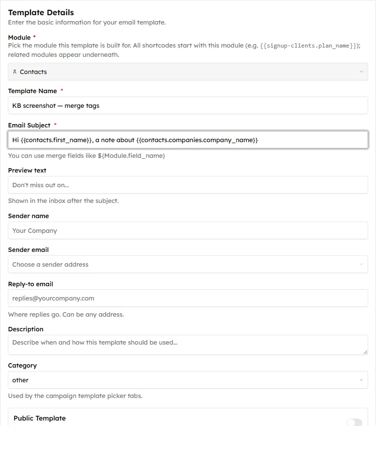 An email subject line containing two merge tags