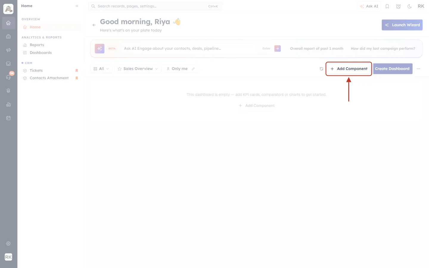 Add Component button in the dashboard toolbar