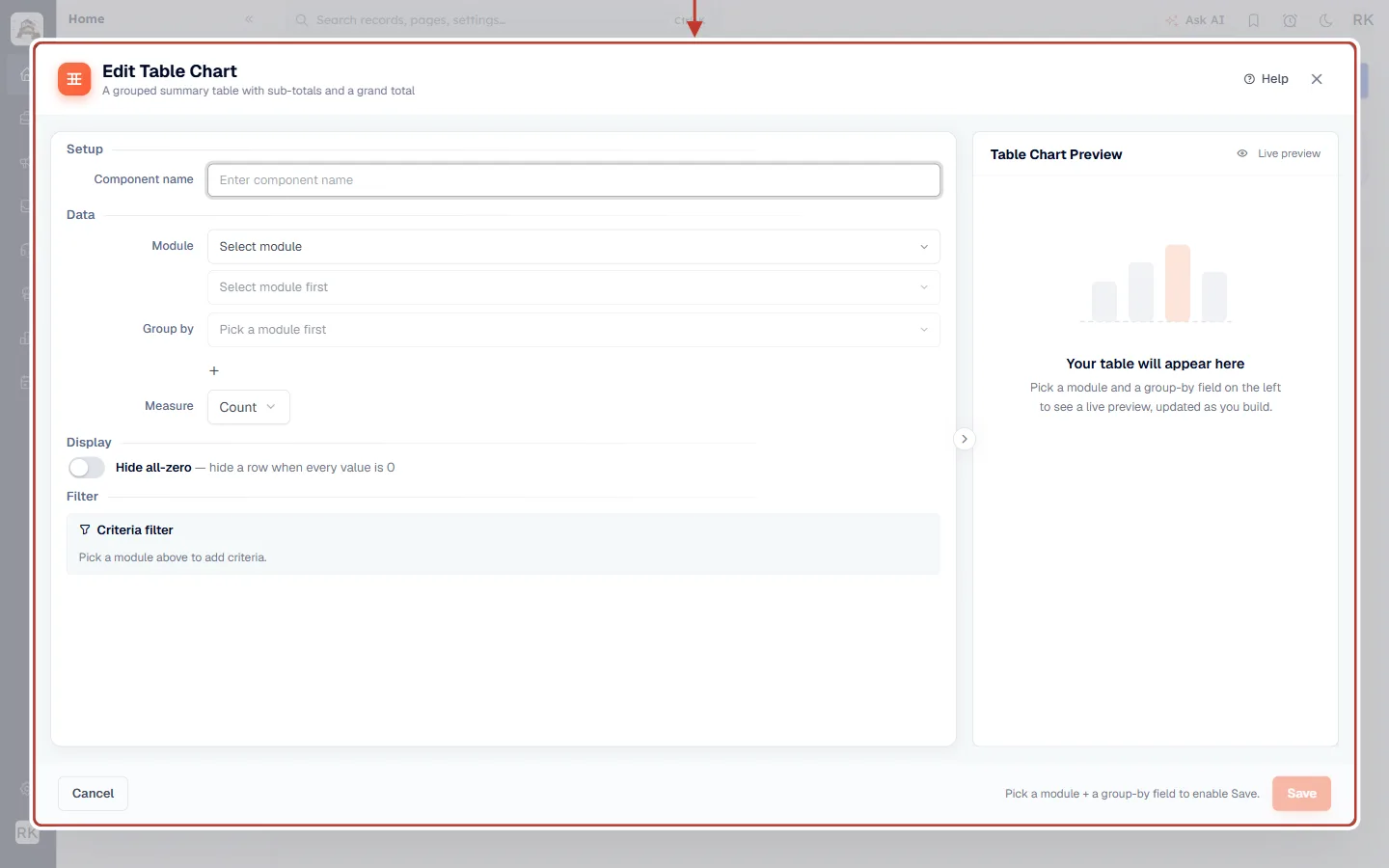 The empty Edit Table Chart builder