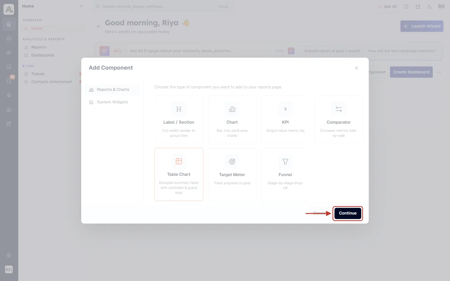 Continue button in the Add Component window