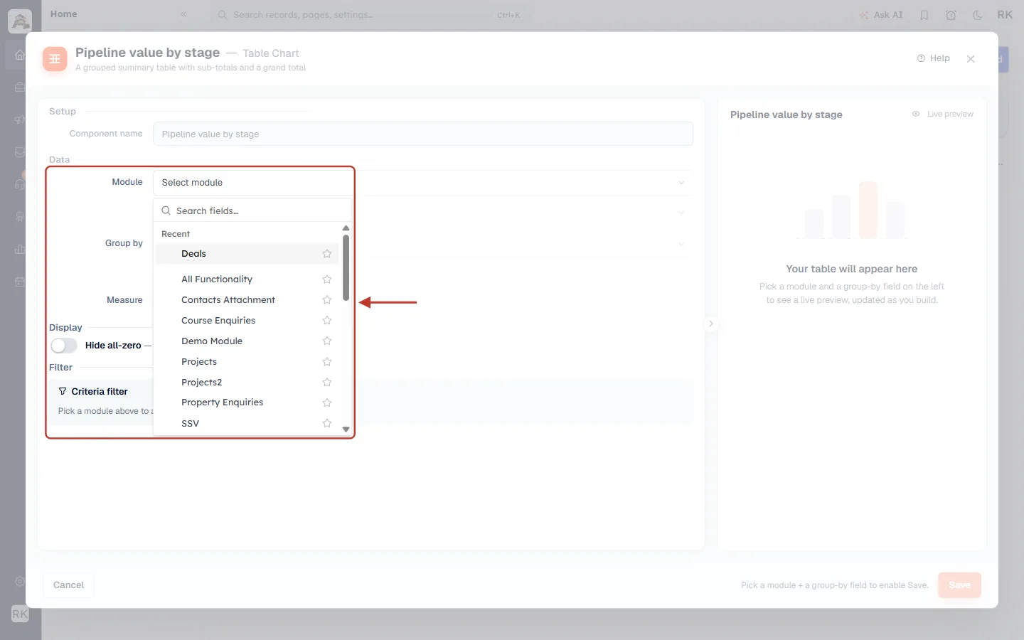 Module list open in the Table Chart builder