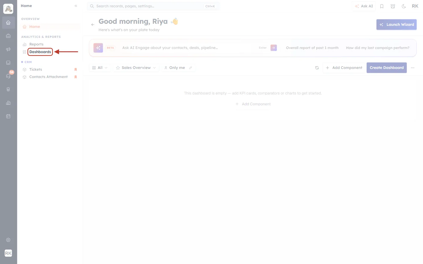Dashboards link in the Analytics & Reports menu