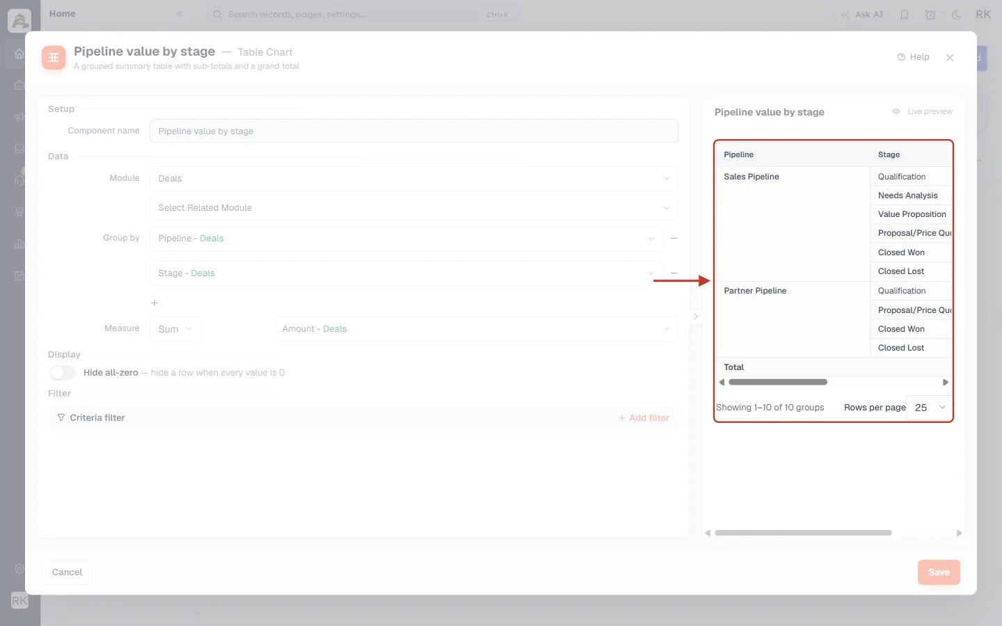 Live preview showing Pipeline and Stage columns
