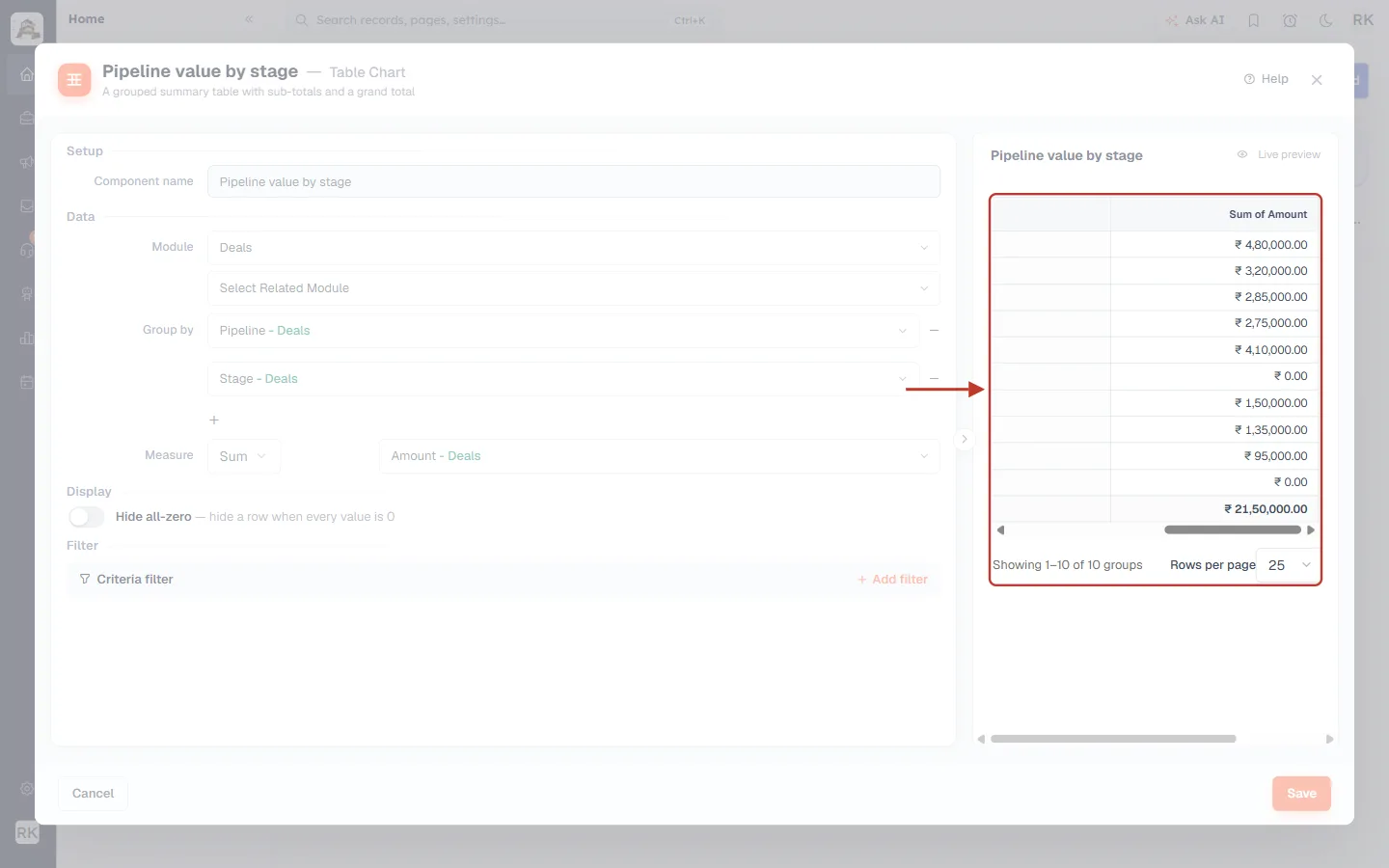 Preview scrolled to show Sum of Amount and the grand total