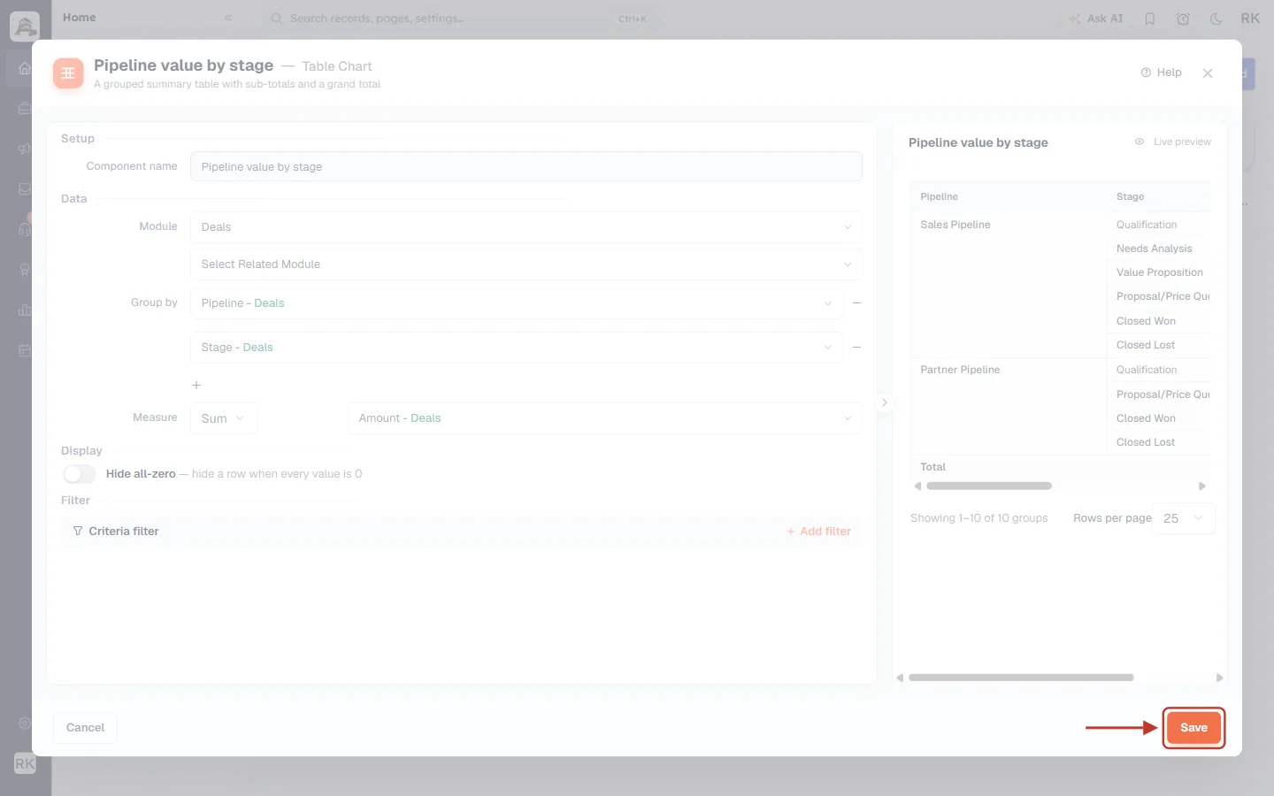 Save button in the Table Chart builder