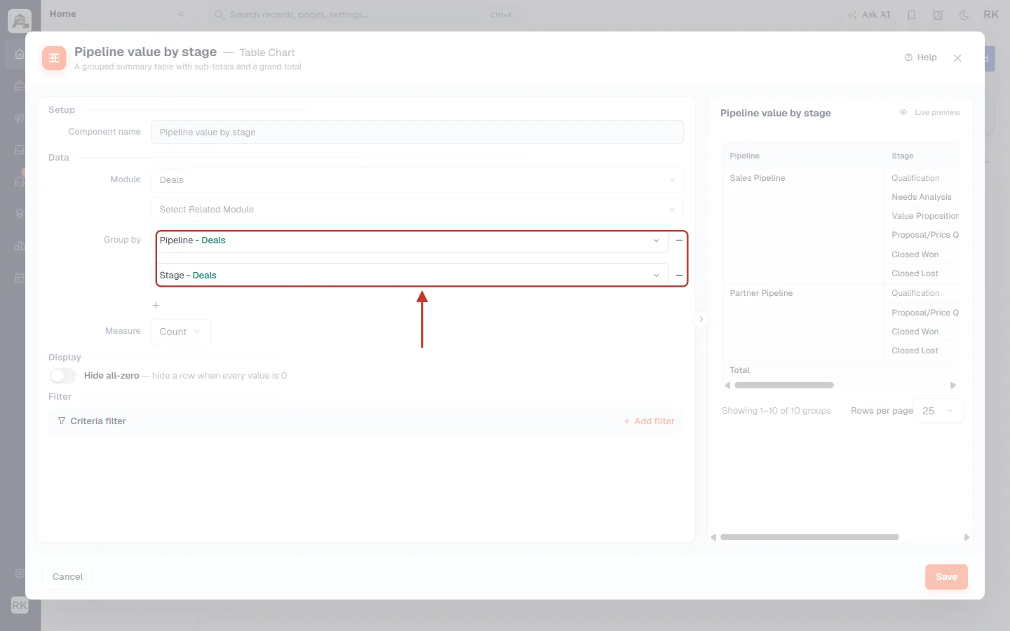 Two grouping levels: Pipeline then Stage