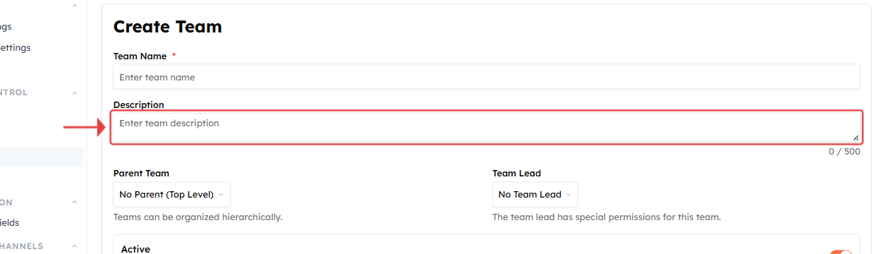 Description field highlighted on the Create Team form