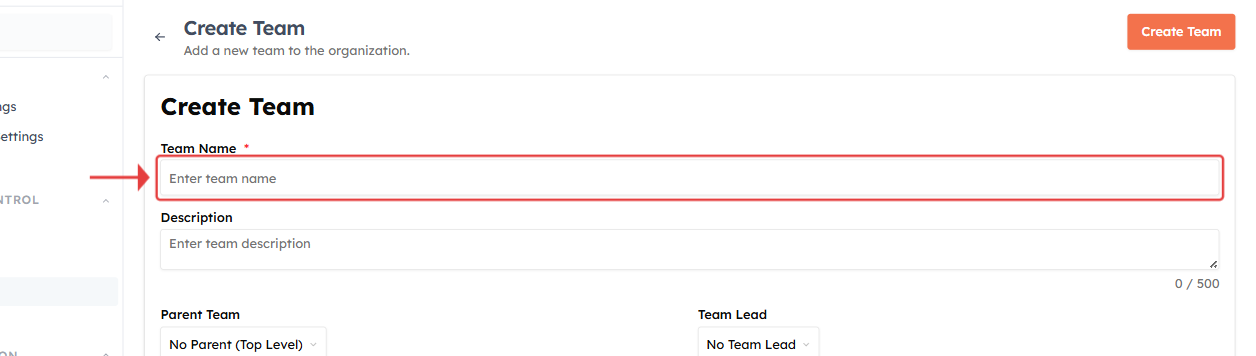 Team Name field highlighted on the Create Team form