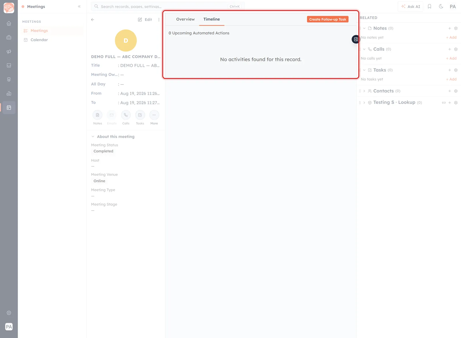 A meeting record with the Timeline tab open and highlighted