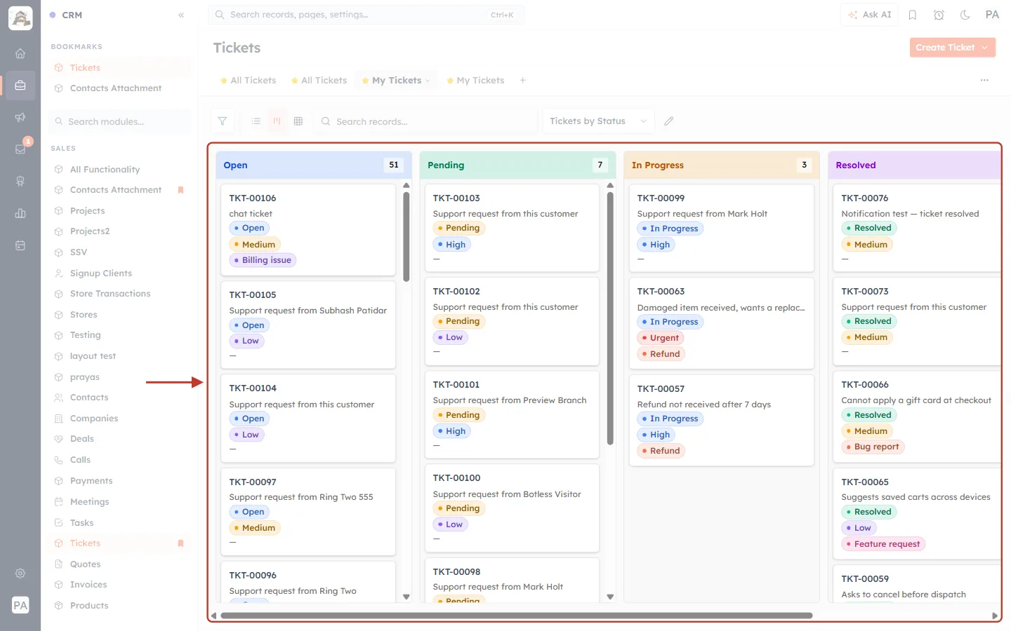 Tickets Kanban board grouped by status