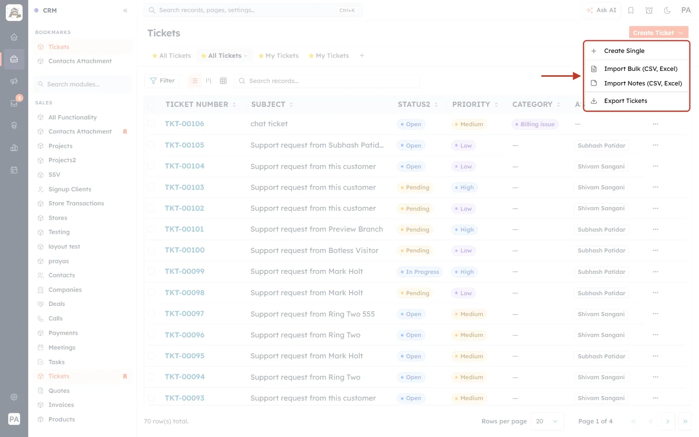 Create Ticket menu with import and export options