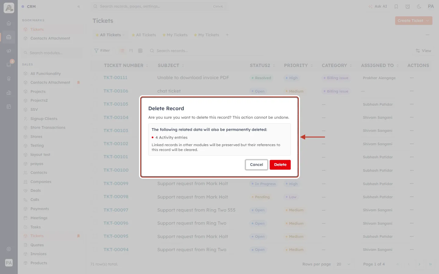 Delete Record confirmation dialog