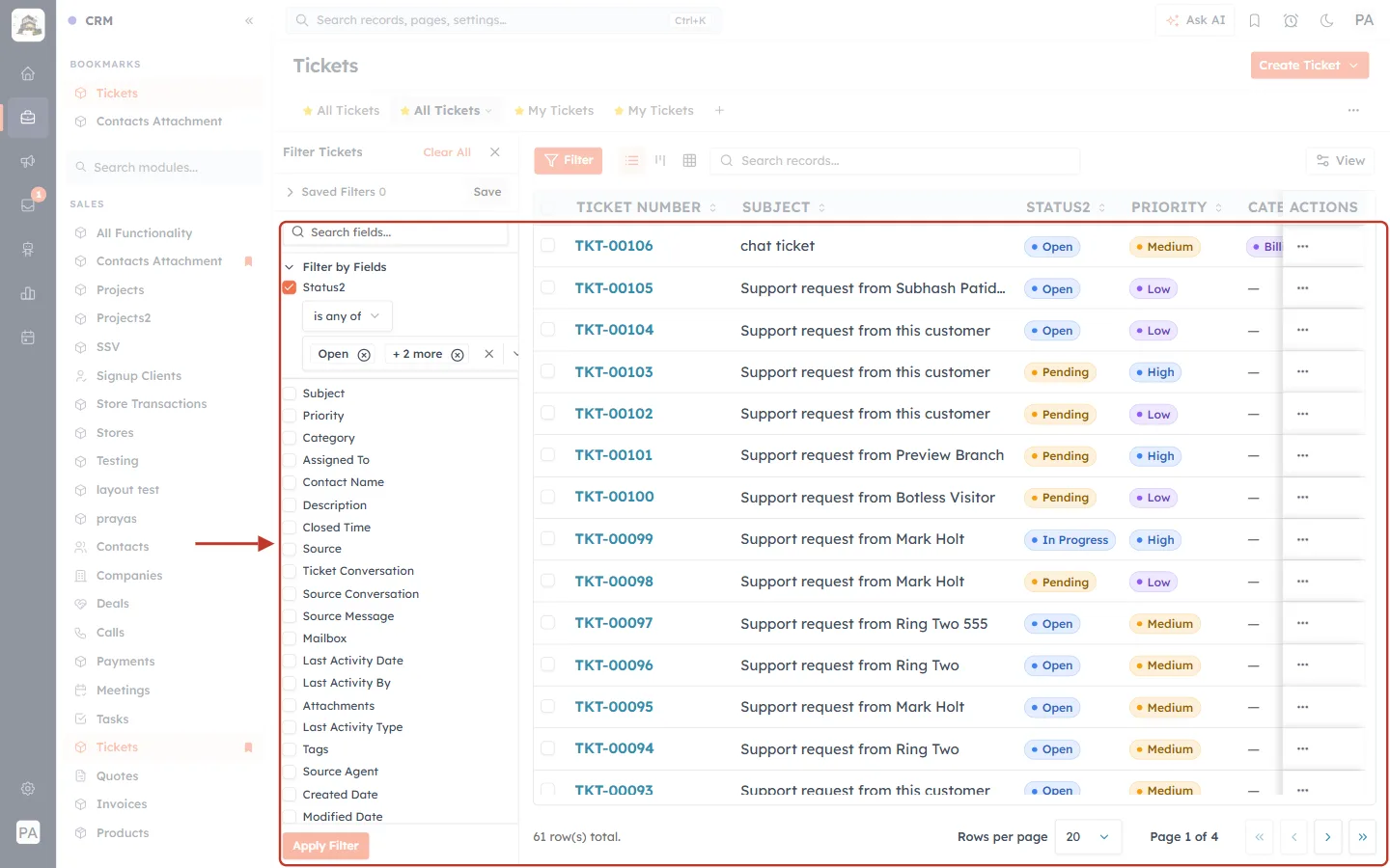 Tickets list after applying the filter