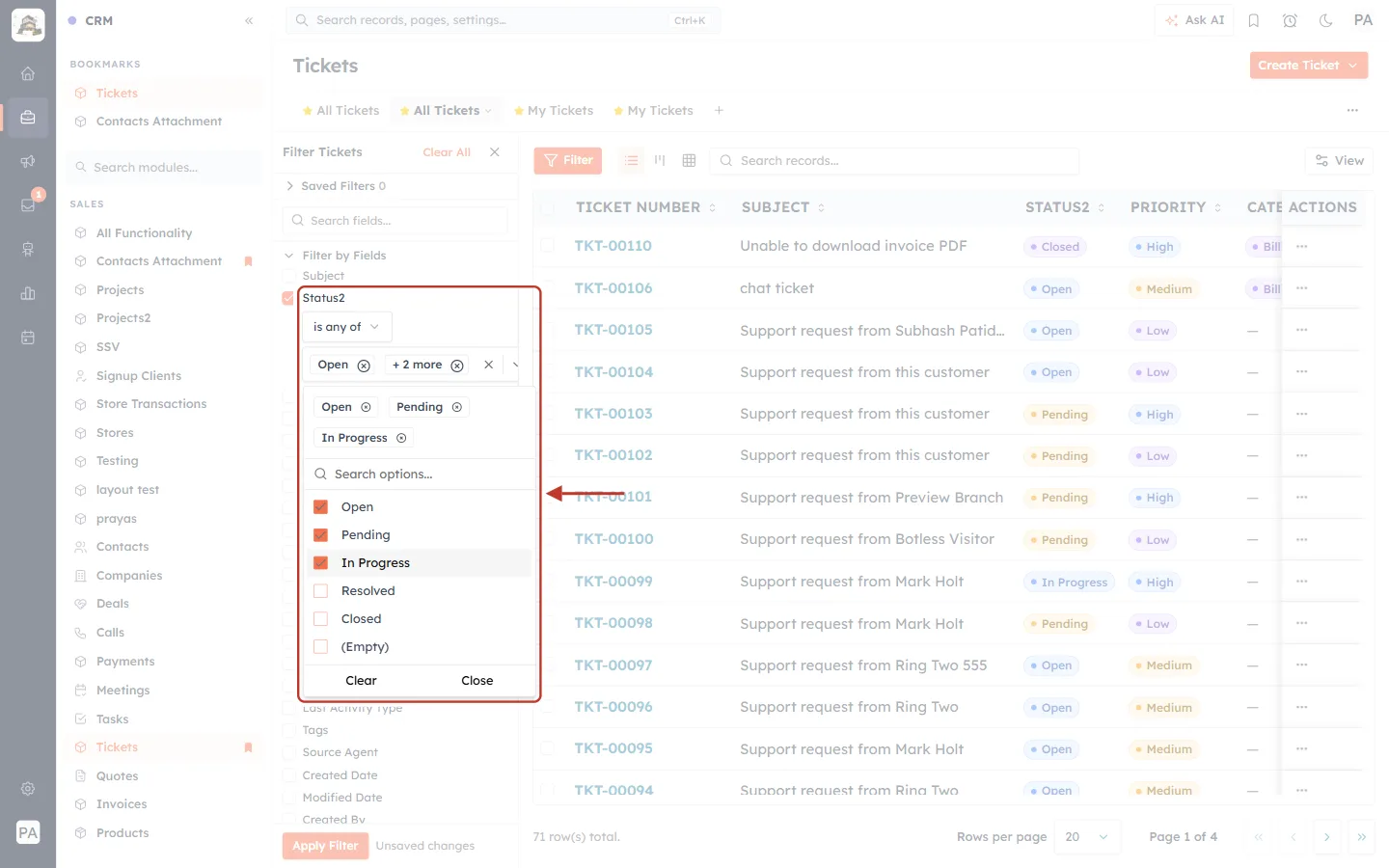 Choosing status values in the Filter panel