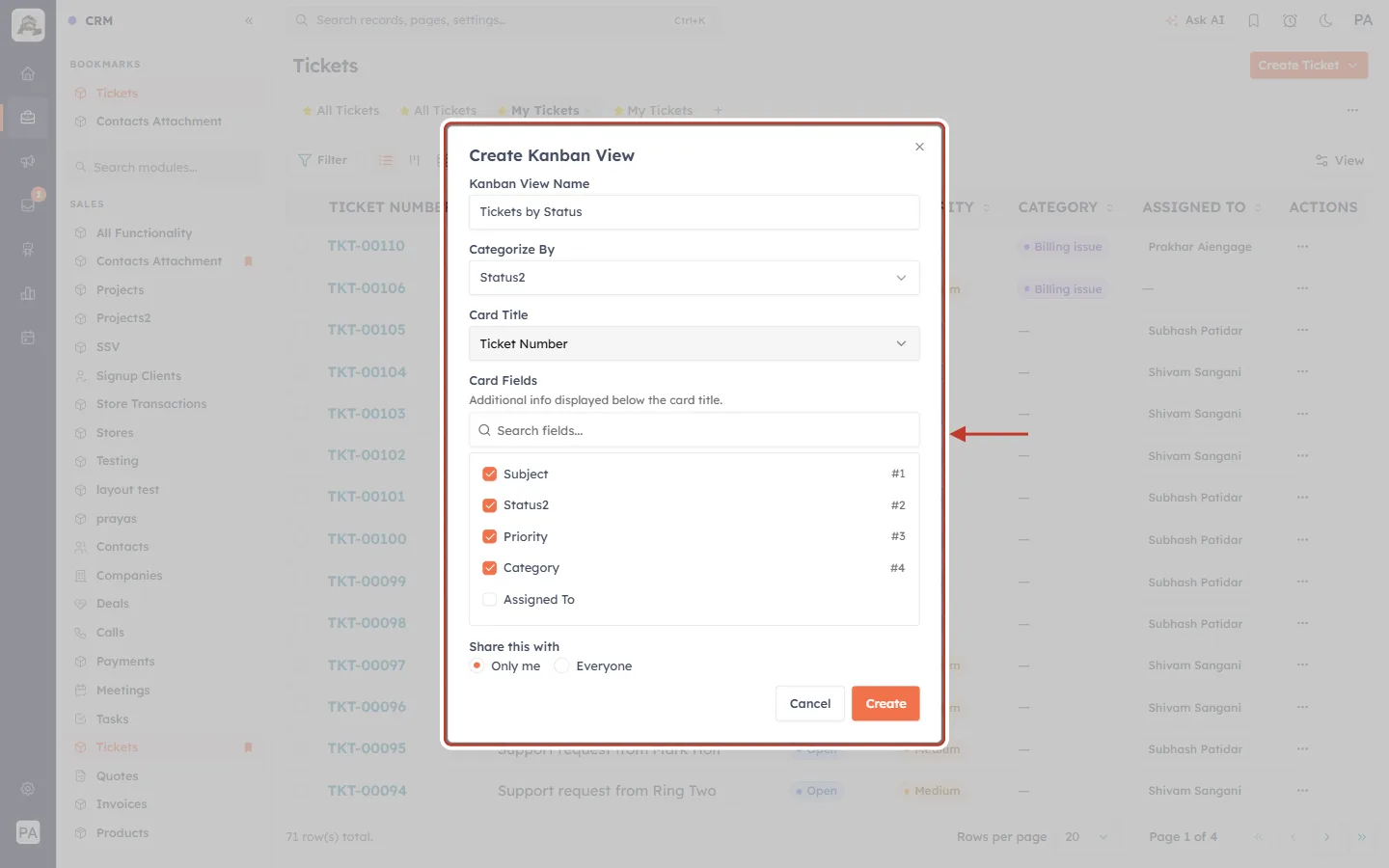 Create Kanban View dialog grouped by status