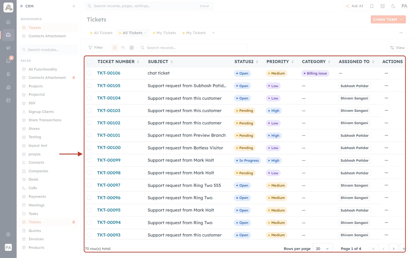 The Tickets module list in the CRM