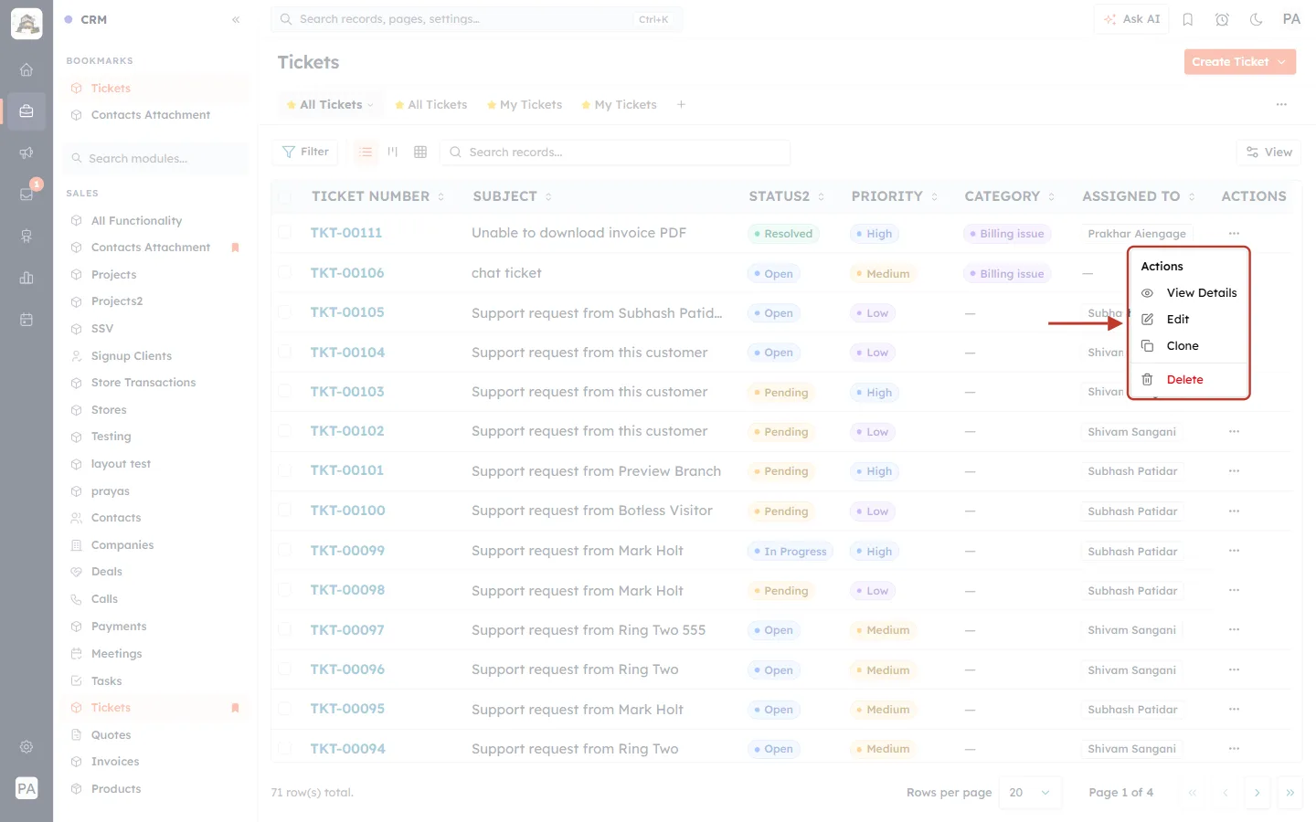 Row actions menu for a ticket