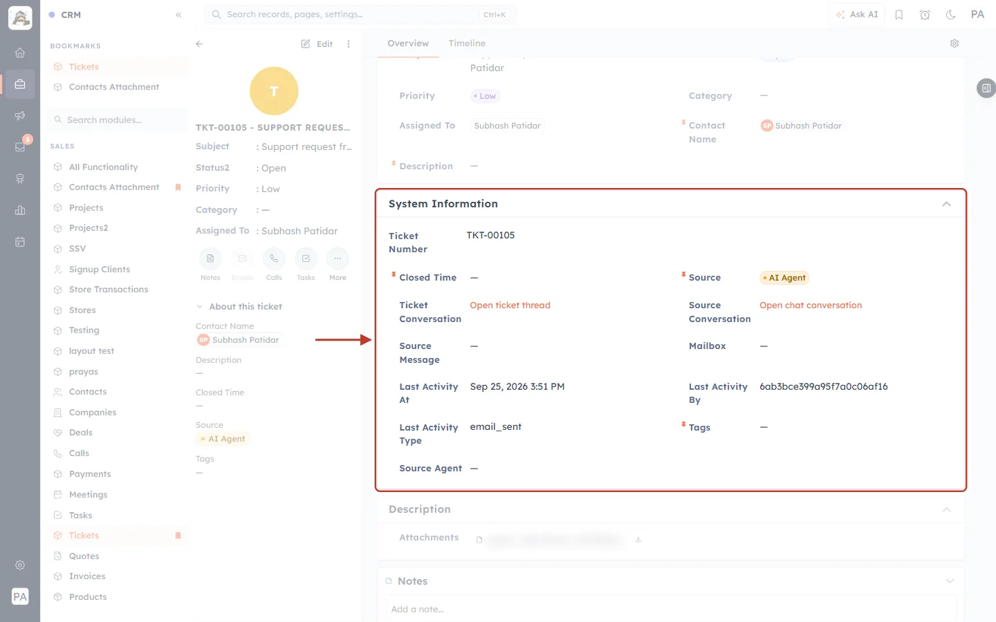 System Information on a ticket record, with Source and Open ticket thread