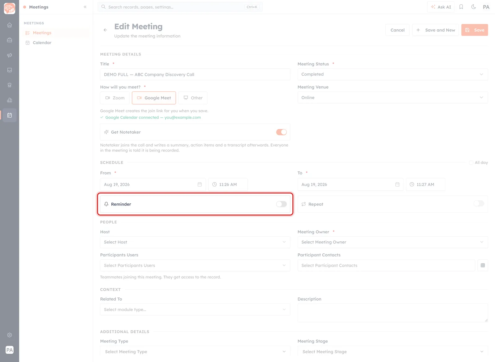 The SCHEDULE section of the meeting form with the Reminder and Repeat toggles highlighted
