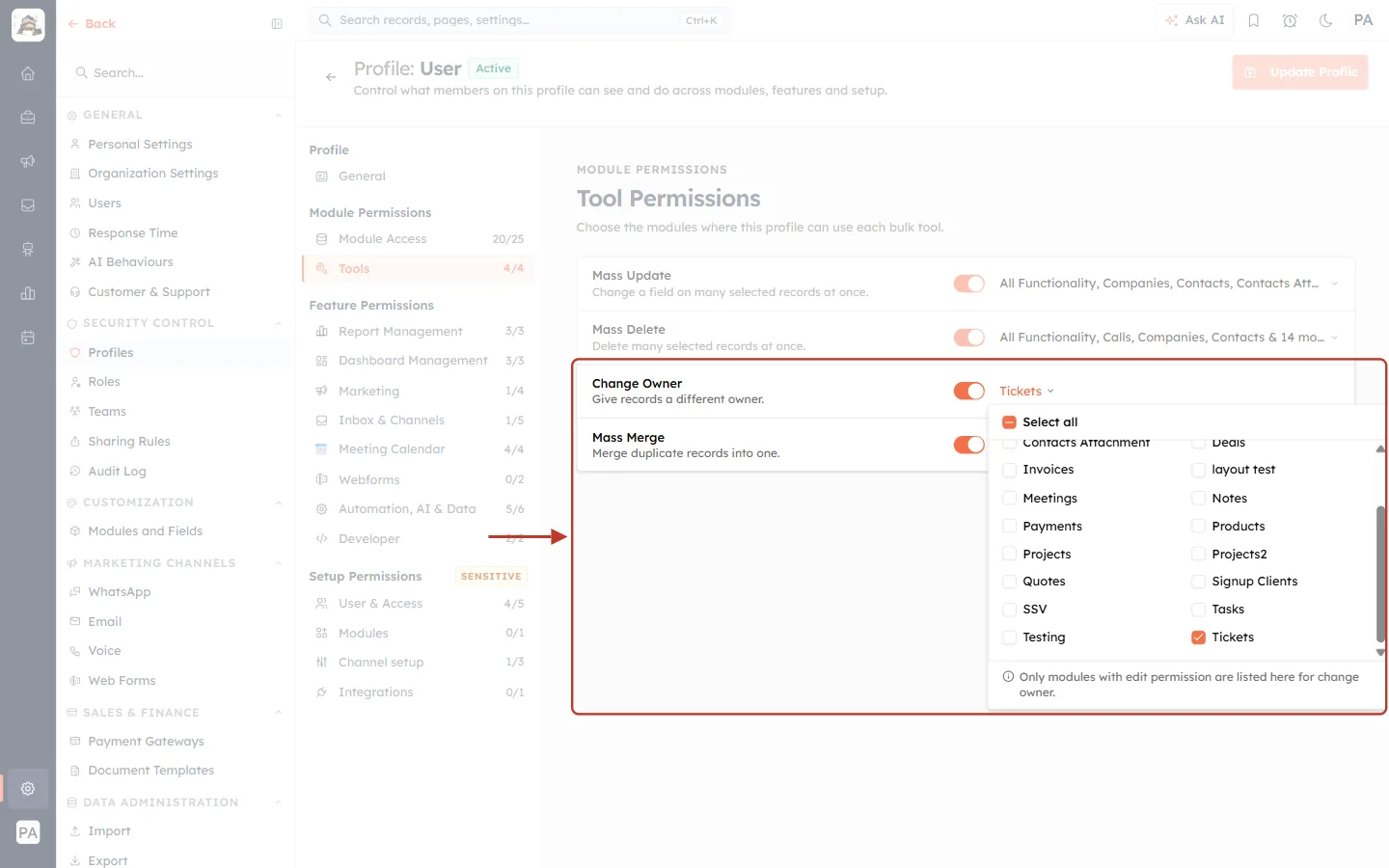 The Change Owner module picker