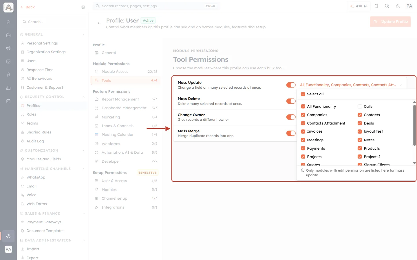 The Mass Update module picker