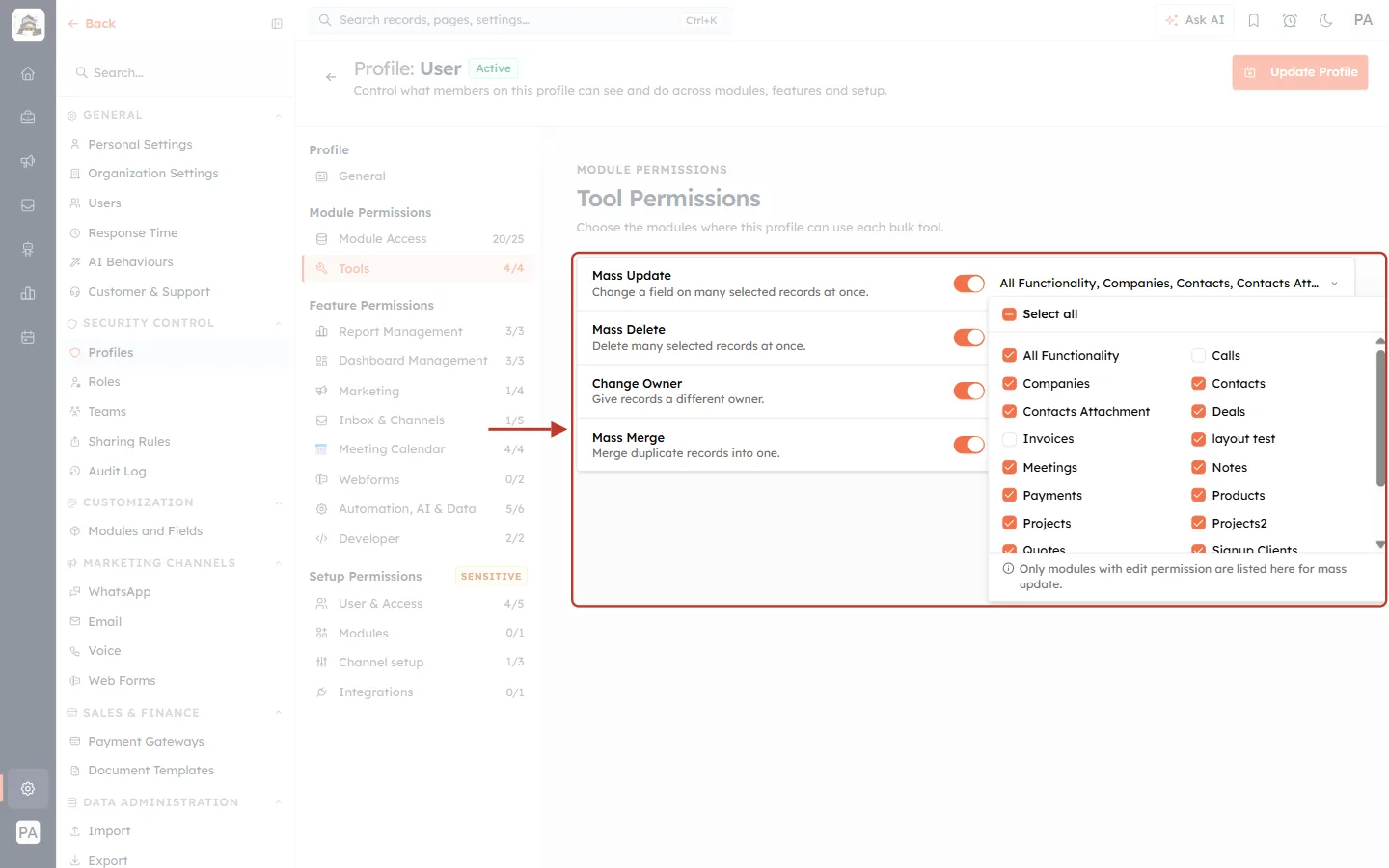 Unticking Invoices for Mass Update