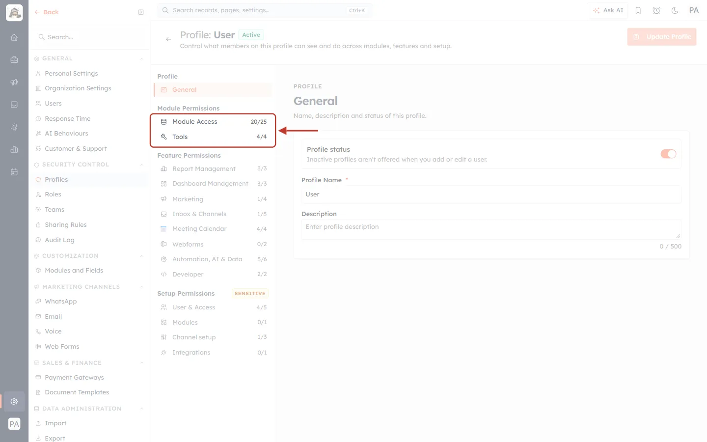 Tools in the profile’s section list