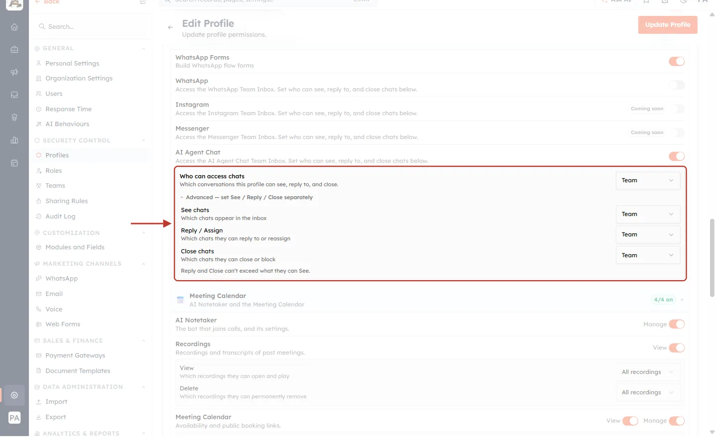 See, Reply and Close chat permissions