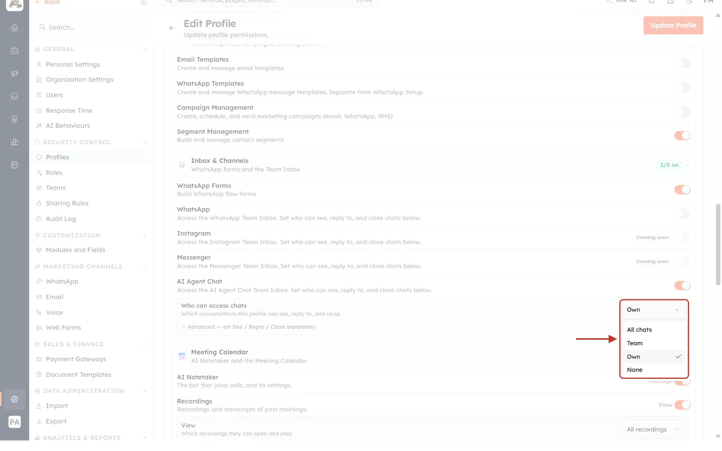 Who can access chats options
