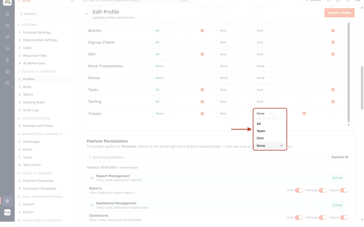 The Delete drop-down open
